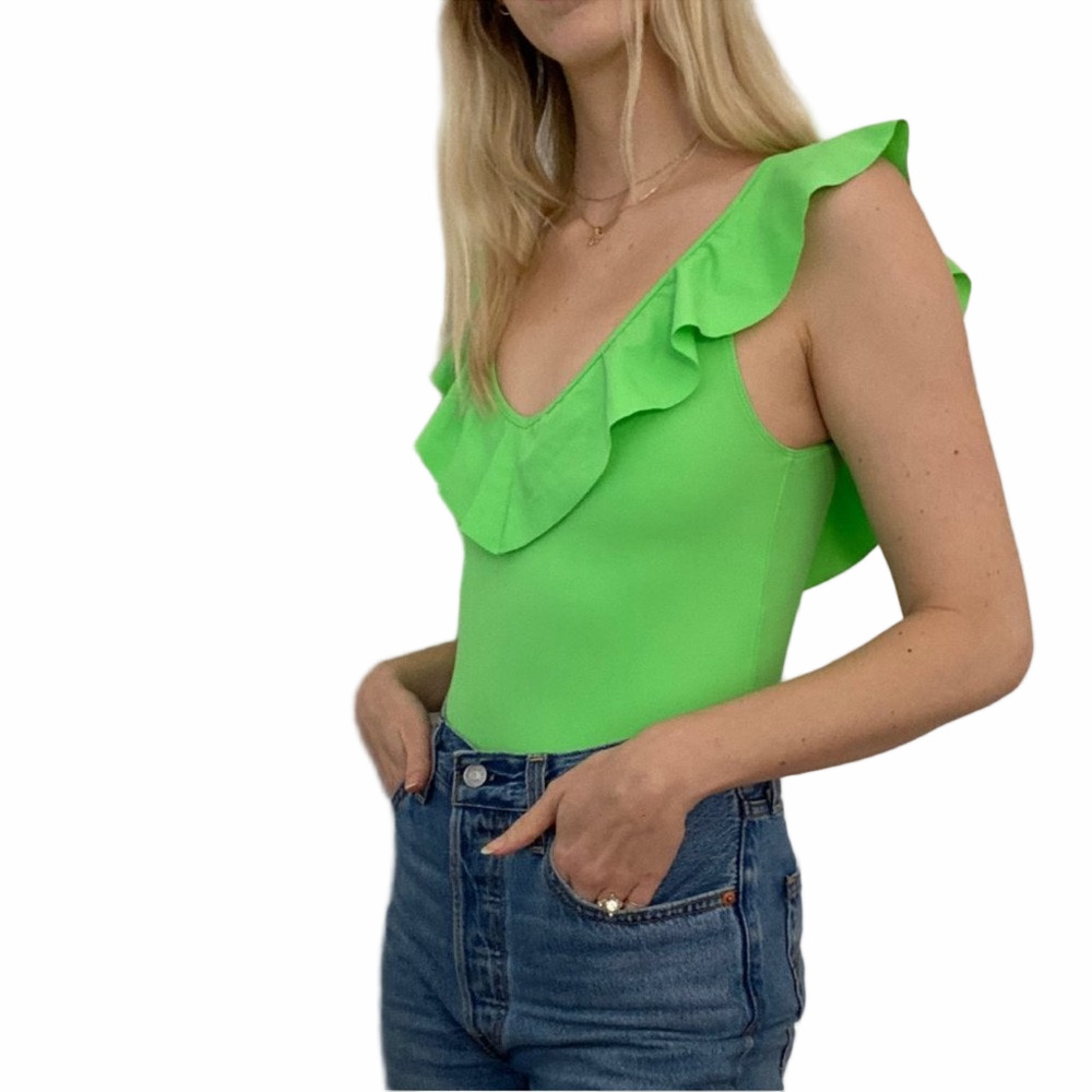 Wilfred Aritzia Danette Bodysuit Green Ribbed Ruffle V Neck Size Small